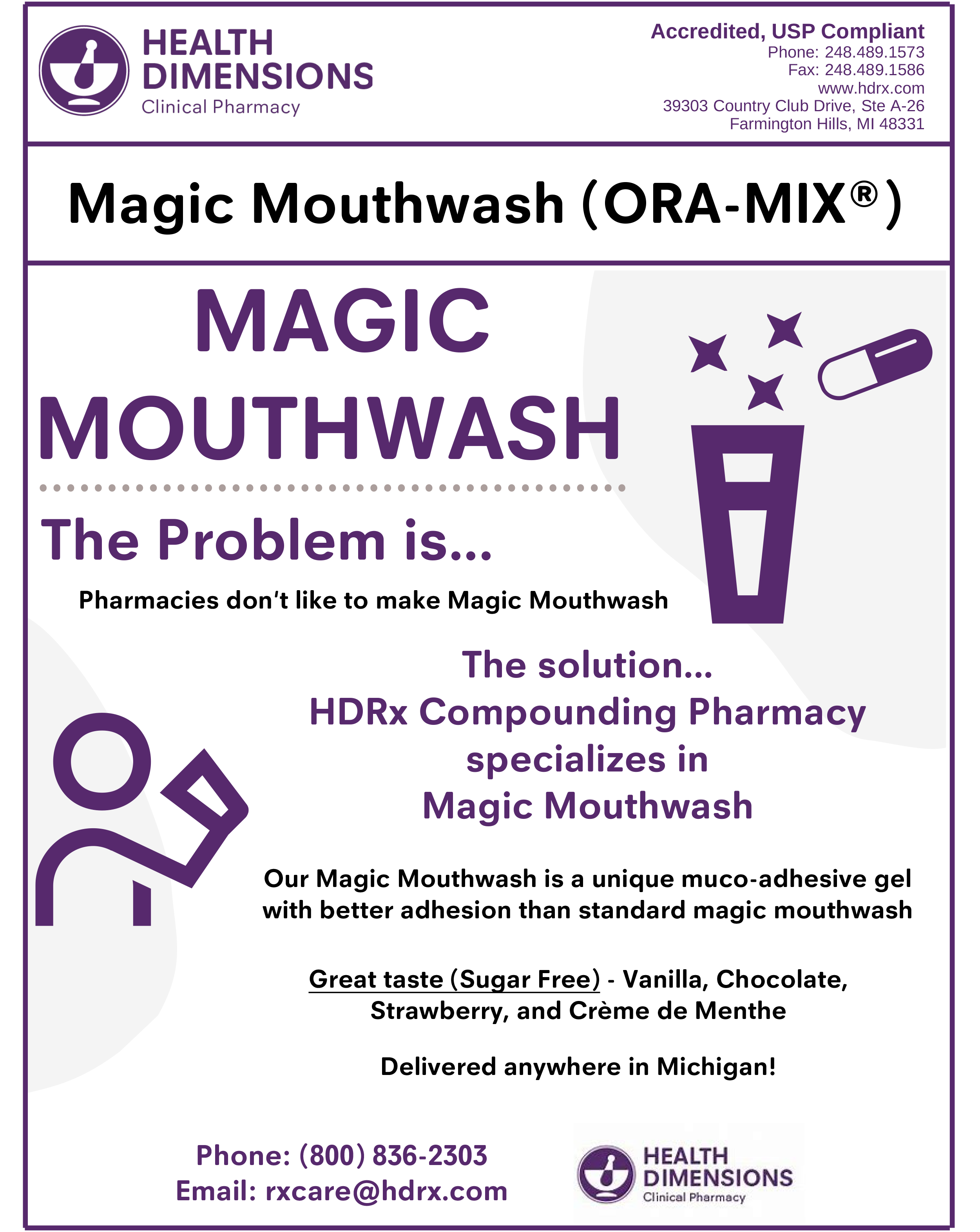 Magic Mouthwash (MMW) is an old-time, multi-purpose, compounded, liquid medication used for oral inflammation, infections, and pain. However, the traditional compounding process of MMW faces several challenges, including limited availability, time constraints for pharmacists, and short shelf-life. 